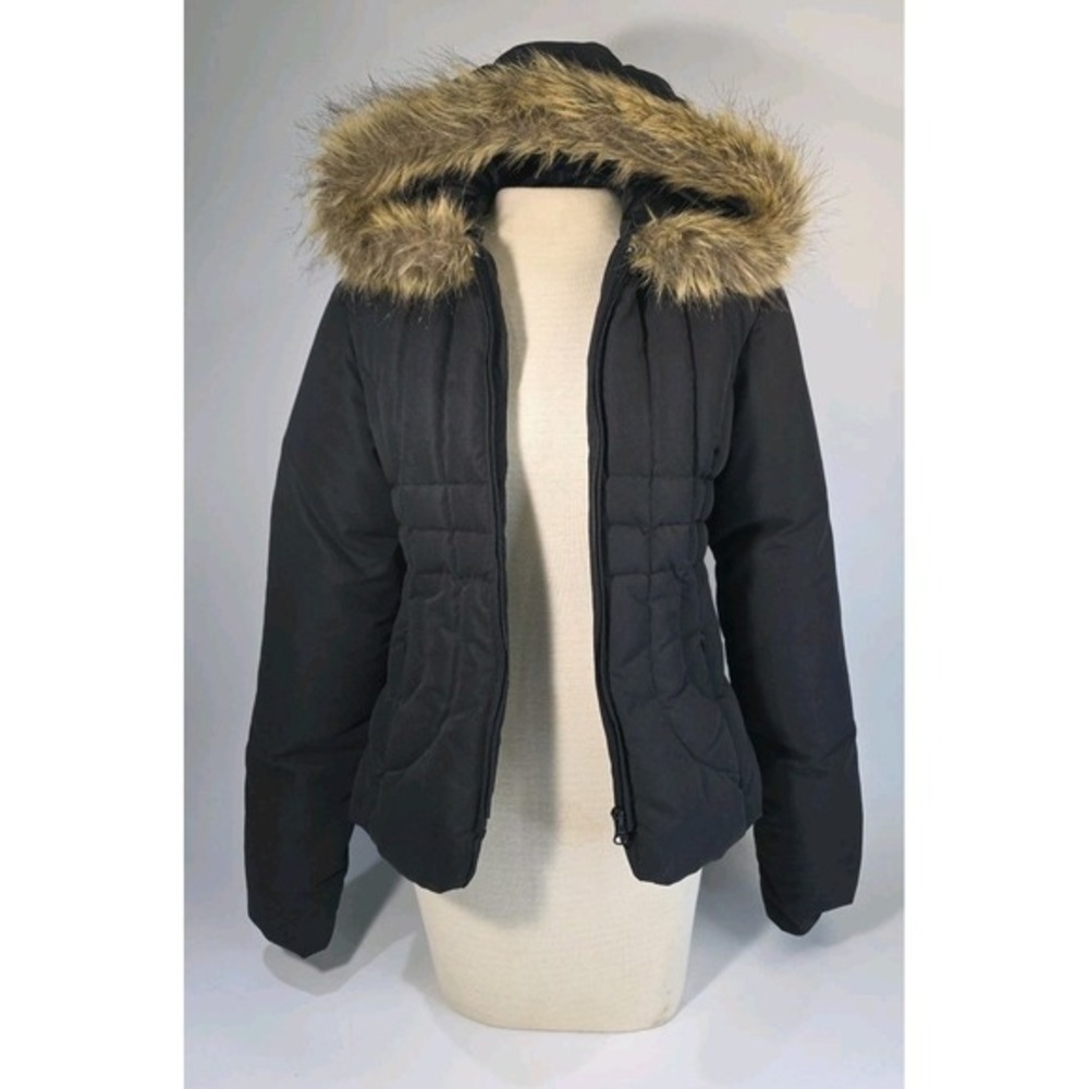 Wet Seal Womens Medium Black Faux Fur Hooded Down Winter Puffer Coat‎